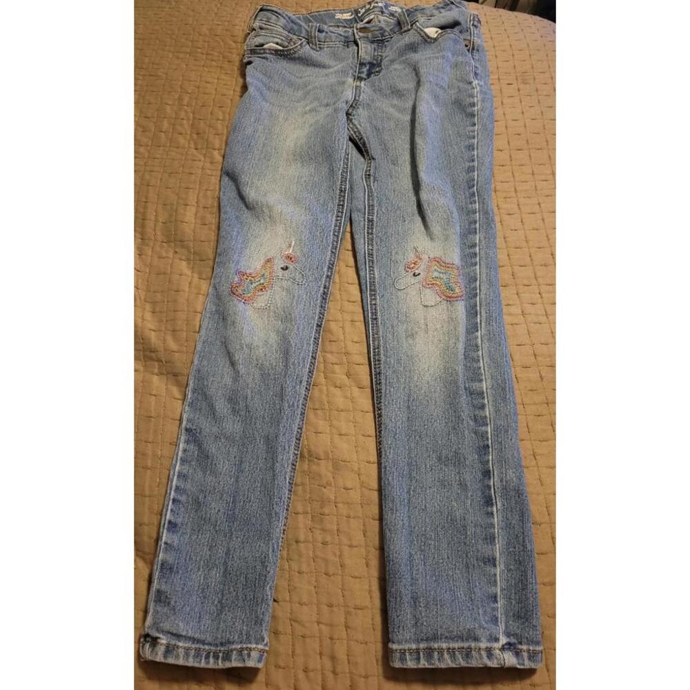 Cat & Jack Girls Jeans Size 12 Skinny Blue Denim Unicorn Embroidered Stretch